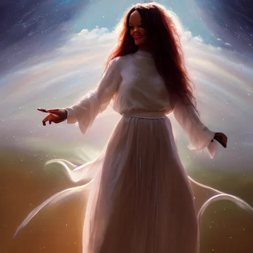 Image similar to a painting of rihanna like an angel, a young woman with long hair and a halo wearing a white top and beautiful dress, smiling in heaven, by jessica rossier