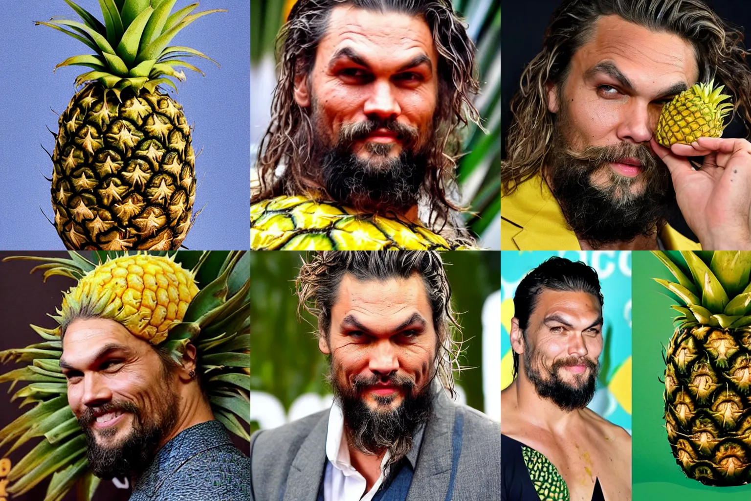 Prompt: jereme momoa's face poking out of the top of a pineapple.