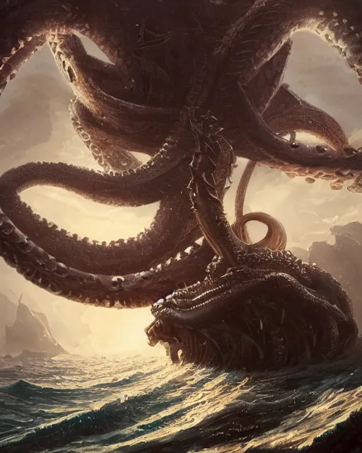 Image similar to An invisible Kraken in the middle of the sea, fantasy art, in the style of greg rutkowski, illustration, epic, fantasy, intricate, hyper detailed, artstation, concept art, smooth, sharp focus, ray tracing