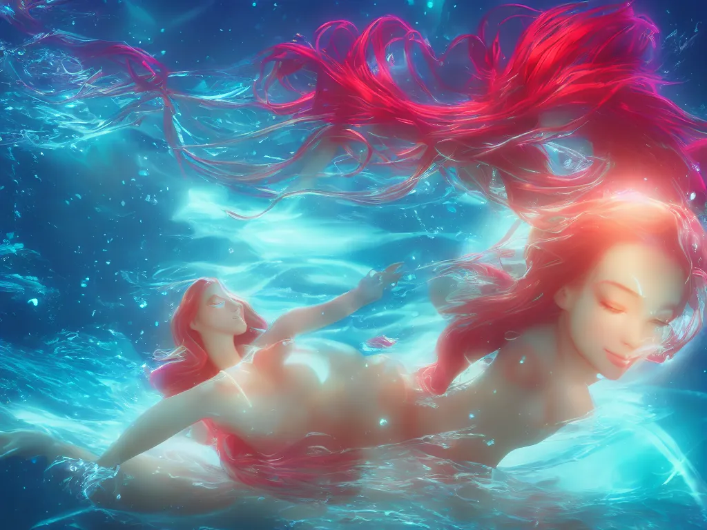 Image similar to dreamy portrait of a beautiful mermaid Ariel swimming underwater around bioluminiscent jellyfishes and fishes, anime, volumetric lighting, smooth 4k