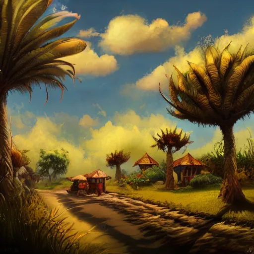 Image similar to a concept painting in the style of esao andrews of a village with beautiful dramatic clouds, dappled lighting, lush landscaping, date palm trees, shrubs and flowers. esao andrews, trending on artstation