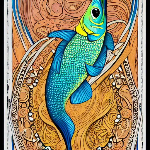 Image similar to A very detailed color illustration on paper of an Art Nouveau decorated fish