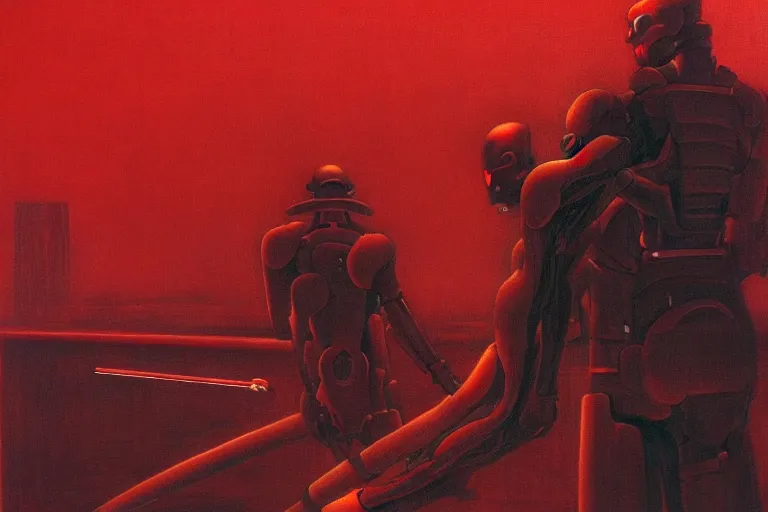 Image similar to only with red, a red cyborg samurai, tokio futuristic in background, some evil yokai fight, in the style of beksinski, parts by edward hopper, parts by rodcenko, parts by yue minjun, intricate and epic composition, red by caravaggio, insanely quality, highly detailed, masterpiece, red light, artstation, 4 k