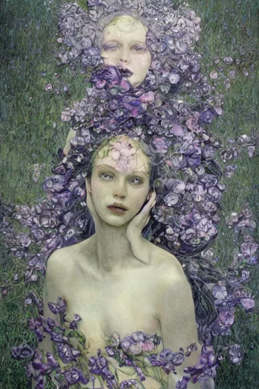 Image similar to portrait of beautiful gothic young mainem, thunderstorm, cyber armor, a lot of scars, more and more flowers, purple head, the middle ages, highly detailed, artstation, illustration, art by jean delville, 8 k quality, art by greg gandy and dragan bibin, gustav klimt