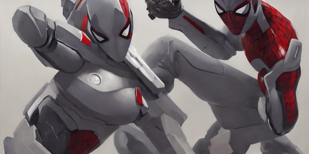 Image similar to greg manchess portrait painting of armored spiderman ultraman grey fox from metal gear cyborg japanese - american hybrid as overwatch character, medium shot, asymmetrical, organic painting, sunny day, matte painting, bold shapes, hard edges, street art, trending on artstation, by huang guangjian and ail elvgren and sachin teng