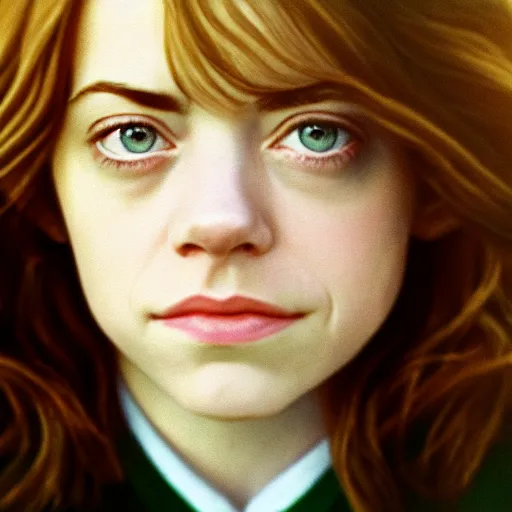 Prompt: beautiful hyperdetailed photograph of hermione granger portrrayed by emma stone, hogwarts uniform, golden hour, soft focus, medium shot, 8 k, portra 4 0 0