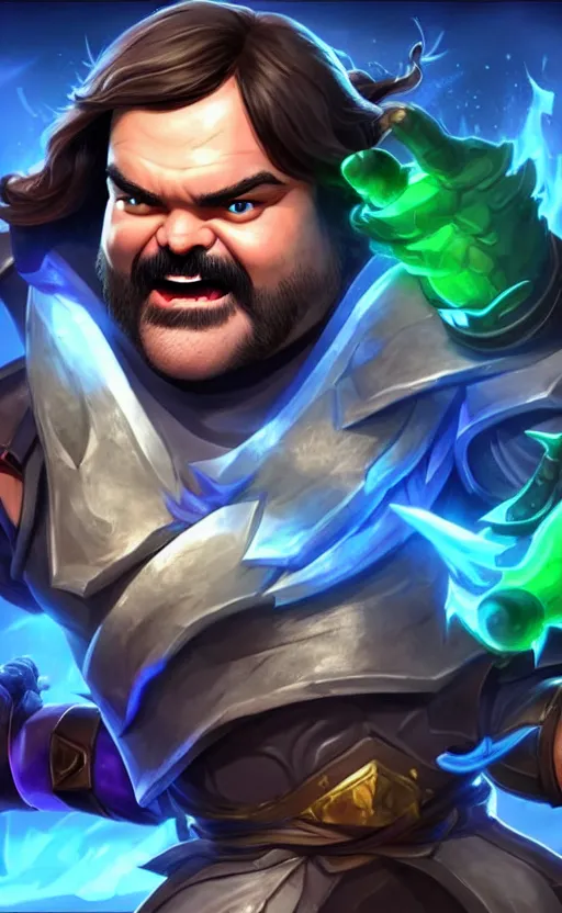 Image similar to Jack Black as a character in the game League of Legends, with a background based on the game League of Legends, detailed face, old 3d graphics