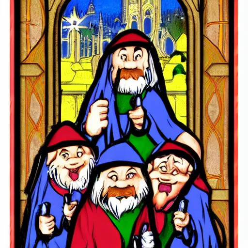 Image similar to seven dwarves in catholic religious garb with halos, background of poison apples, digital painting, glow art nouveau