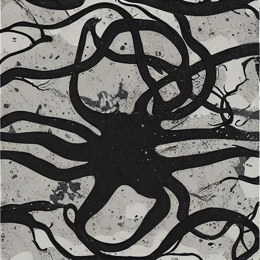 Image similar to tape damage land octopus hidden in darkness, dead trees, noire