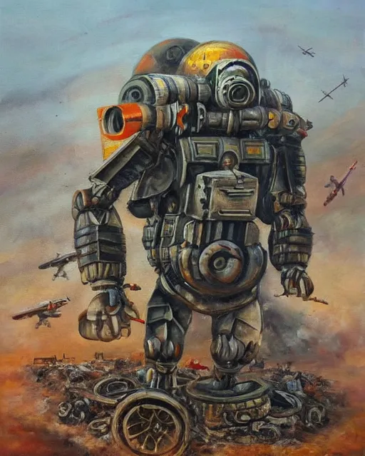 Image similar to sukhoi mech!!! armed with rockets and a minigun, humanoid figure, round machines, oil painting, soviet ( ( ( ( airplane ) ) ) ), tribal yurta, postapocalyptic, sharp focus
