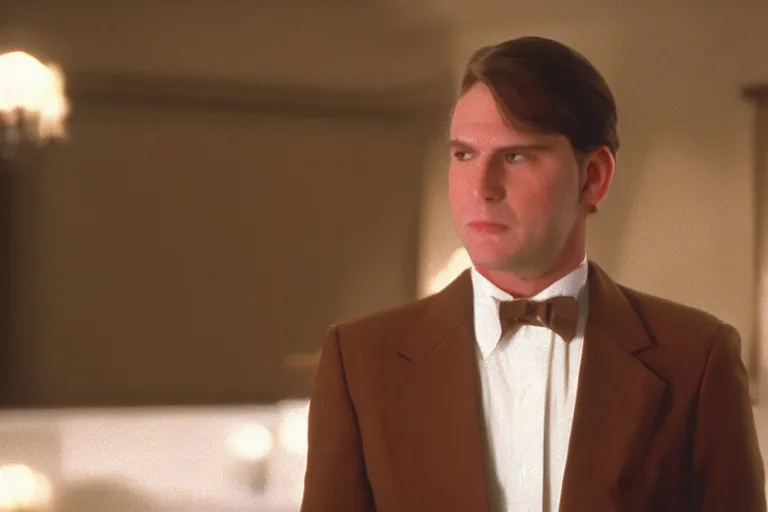 Image similar to cinematic still of chubby clean-shaven white man wearing chocolate brown suit and necktie in Casper (1995), XF IQ4, f/1.4, ISO 200, 1/160s, 8K, RAW, dramatic lighting, symmetrical balance, in-frame