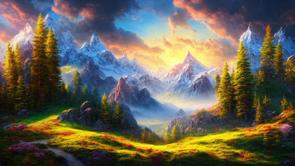 Prompt: a photorealistic portrait, stunningly beautiful colorful fantasy landscape, professionally retouched, soft lighting, hyper realistic, mountains, trees, beautifully detailed sky, wide angle, sharp focus, 8 k high definition, 6 4 megapixels, insanely detailed, stunningly beautiful