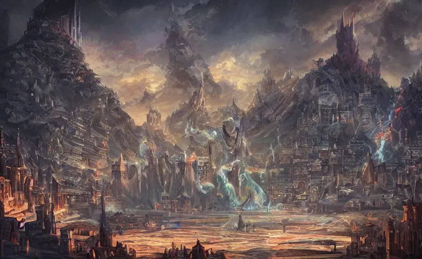 Image similar to A large statue of a wizard guarding a city, landscape art, concept art, intense, fantasy, inspiring, colossus of rhodes