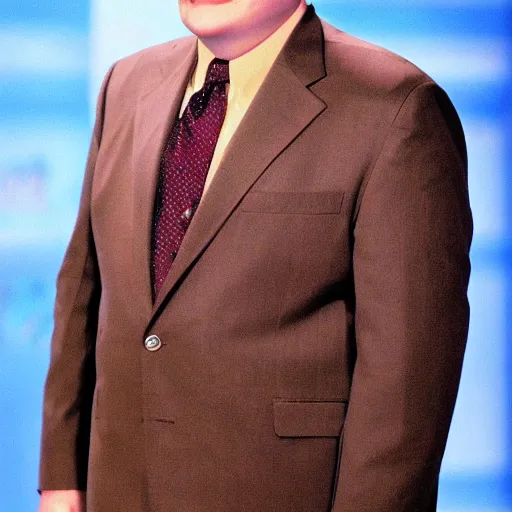 Image similar to Andy Richter is wearing a chocolate brown suit and necktie and stepping out from inside a refrigerator.