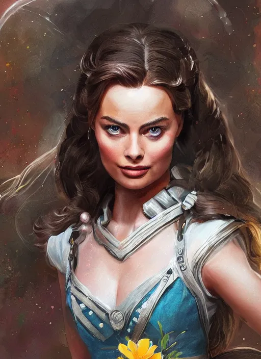 Image similar to beautiful female dorothy gale woman, margot robbie as dorothy, full body character concept, armor, super powers, fantasy, intricate, elegant, highly detailed, digital painting, artstation, concept art, shining, sharp focus, illustration, art by stanley lau