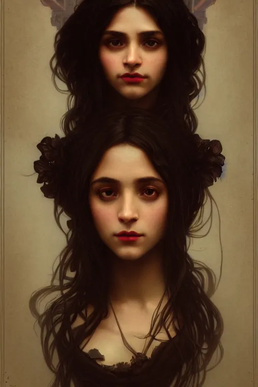 Prompt: portrait, vampire, brown skin, night, long black hair, beautiful, in victorian era new york, jewelry, alphonse mucha, william bouguereau, rossdraws, greg rutkowski, super detailed, realistic, octane render, volumetric, cinematic, 8 k