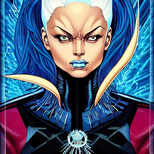 Prompt: portrait of ororo from xmen, symmetrical, by yoichi hatakenaka, masamune shirow, josan gonzales and dan mumford, deayami kojima, takato yamamoto, barclay shaw, karol bak, yukito kishiro