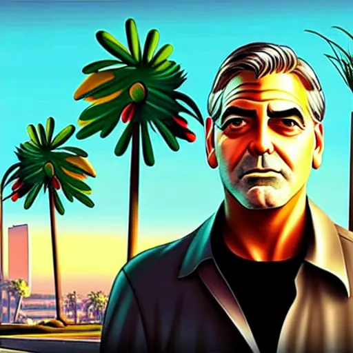 Image similar to george clooney in gta v. los santos in background, palm trees in the art style of stephen bliss