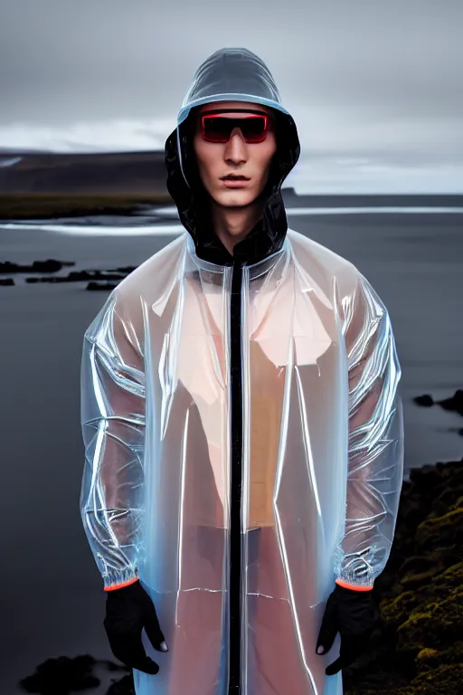 Image similar to an ultra high definition professional high fashion portrait studio full length photograph of a male model wearing a transparent pearlescent raincoat and neon visor in an icelandic black rock environment at dawn. no artefacts. extremely detailed. stark. refraction. shallow depth of field. volumetric light and shadow. ray tracing. light rays.