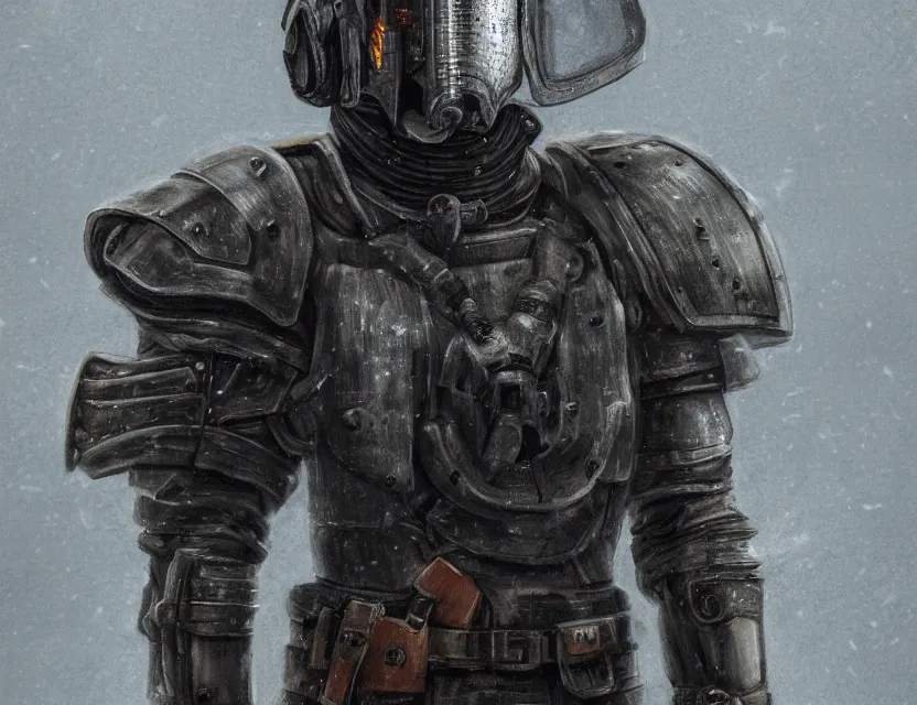 Image similar to a detailed portrait painting of a lone bounty hunter wearing combat armour and a reflective visor. Head and chest only. Brutalist, dystopian. Dieselpunk elements. Movie scene, cinematic sci-fi scene. Flight suit, cloth and metal, accurate anatomy. Samurai influence, knight influence. fencing armour. portrait symmetrical and science fiction theme with lightning, aurora lighting. clouds and stars. Atmospheric. Futurism by moebius beksinski carl spitzweg moebius and tuomas korpi. baroque elements. baroque element. intricate artwork by caravaggio. Oil painting. Trending on artstation. 8k