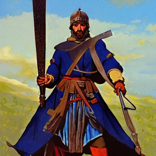 Prompt: a medieval Turkish infantry warrior. HD character design reference, by Angus McBride, gouache.