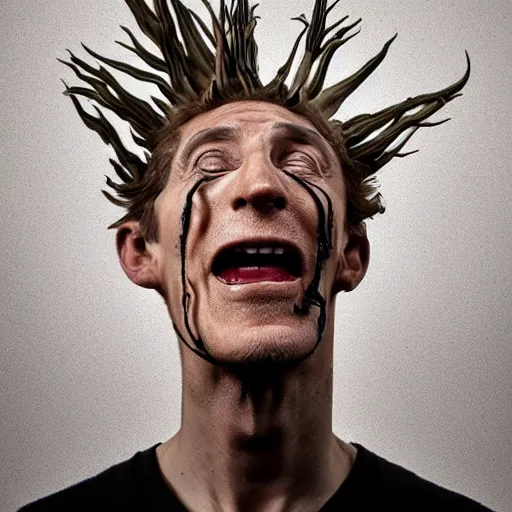 Image similar to long shot photo of a man where his skin is covered with dendritic cordyceps militaris, mouth open, style by david cronenberg, large format full frame photography, hyperrealism