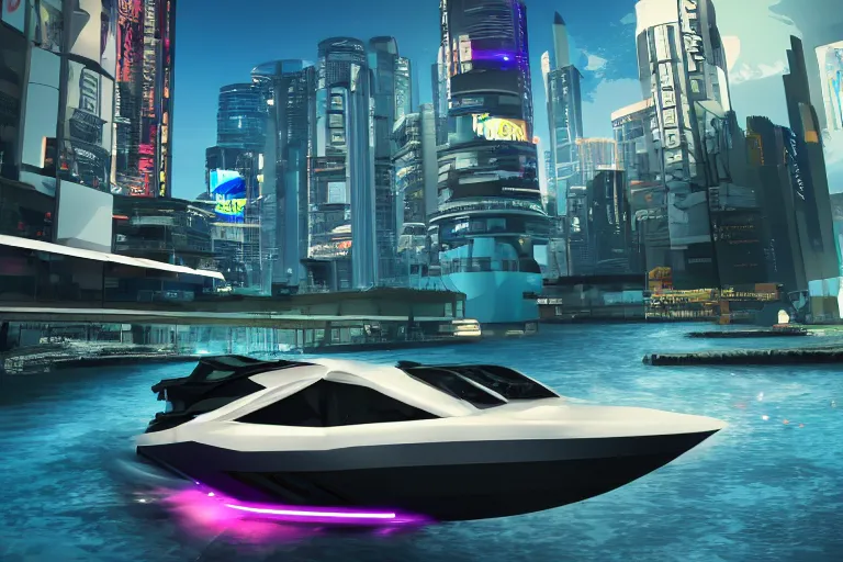 Image similar to speedboat, Shadow 900 Cabin going full speed in front of shoreline city in anime cyberpunk style