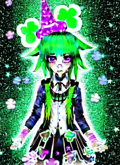 Image similar to a hologram of decora styled green haired yotsuba koiwai wearing a jester hat and gothic spiked jacket, background full of lucky clovers and shinning stars, holography, irridescent, baroque visual kei decora art