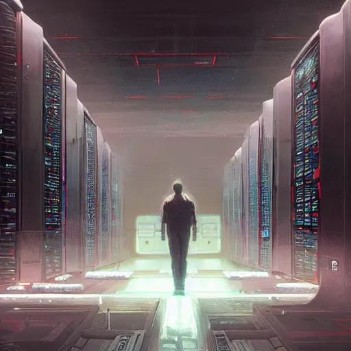 Prompt: professional painting of monumental conscious supercomputer with huge - cybernetic - face!!!! in the center of endless colossal server room talking with small people, trending on artstation, cyberpunk, sci - fi, futuristic, by greg rutkowski and maciej kuciara, high quality