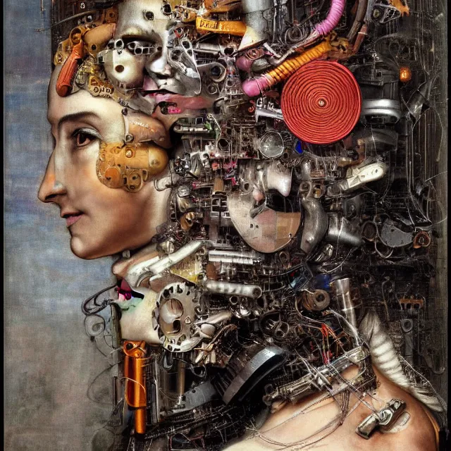 Prompt: profile portrait of a woman, computer parts, mechanical parts, by giuseppe arcimboldo, cyberpunk, futuristic, psychedelic, surreal, sci - fi, dreamlike, fantasy.