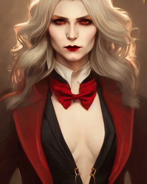 Prompt: female vampire, perfect face, gold waistcoat, long grey hair, red necktie, cinematic, stunning, highly detailed, digital painting, artstation, smooth, hard focus, illustration, art by artgerm and greg rutkowski and alphonse mucha