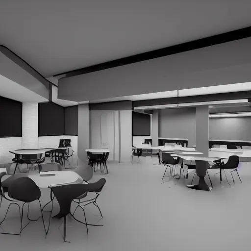 Image similar to isometric view of break room, clean, minimalist, underground, brutalist style, light and shadows, octane render