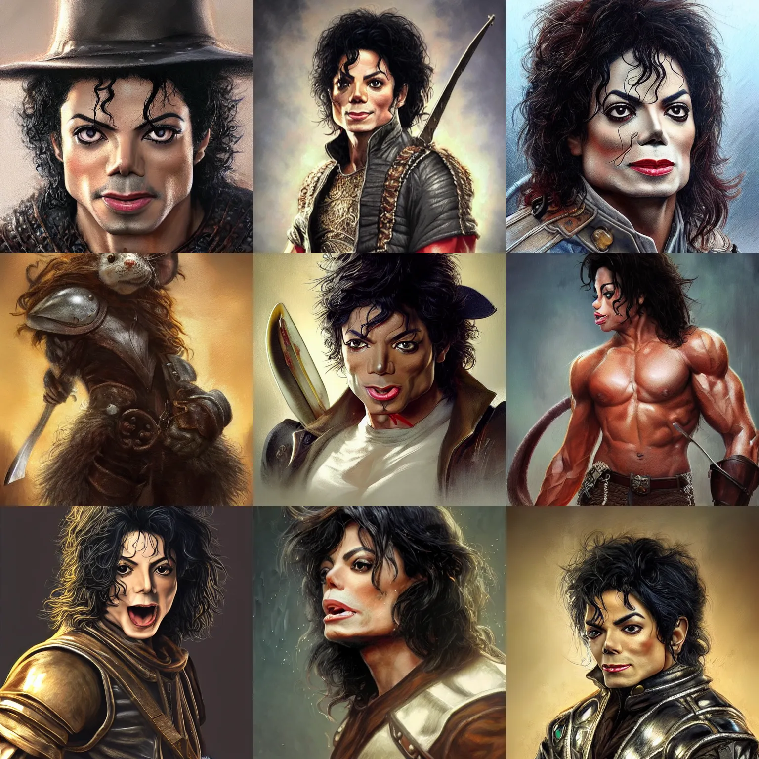 Prompt: mouse!!! michael jackson! very close portrait of angry rugged mouse barbarian hunter, muscular, upper body, 👅 👅 , D&D, fantasy, intricate, elegant, highly detailed, digital painting, artstation, concept art, smooth, sharp focus, illustration, art by artgerm and greg rutkowski and alphonse mucha