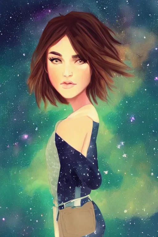 Image similar to pretty girl with short brown hair and green eyes, beautiful trees and night sky with stars and galaxies, trending on artstation