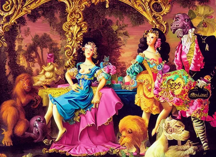 Prompt: baroque rococo painting posing Fancy Royal Gorilla Greg Hildebrandt Lisa Frank high detail cute whimsical excellent composition