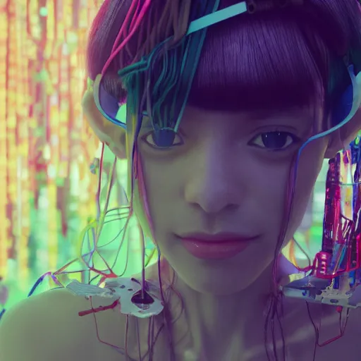 Prompt: piles of modular synth cables mixed with mangrove roots, kawaii puerto rican goddess staring through your soul wearing a headpiece made of circuit boards, by makoto shinkai, masamune, and stanley kubrick, unique perspective, eastman color, trending on artstation, cinematic, 3 d render, photorealistic