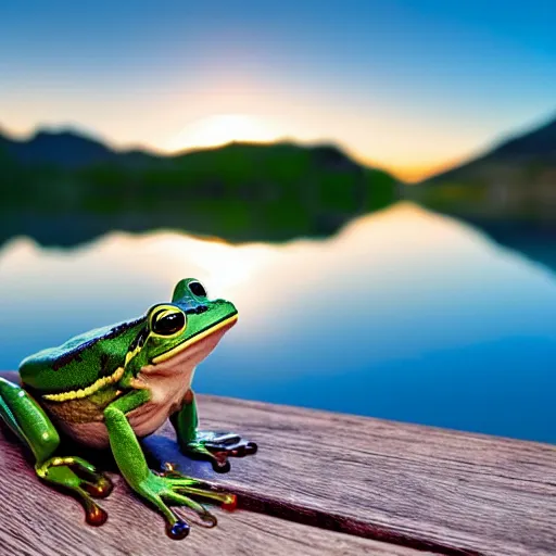 Image similar to frog sitting on a bench next to a lake in the mountains watching a beautiful sunset, photorealistic