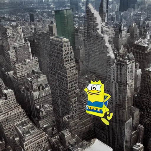 Image similar to photograph of a giant SpongeBob destroying New York City