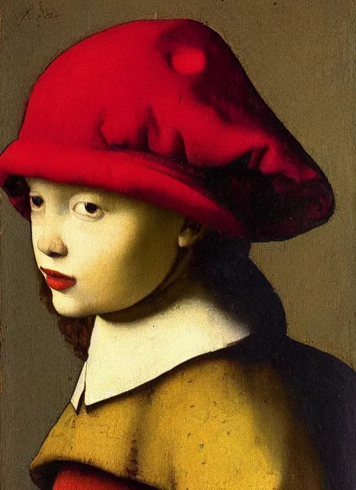 Image similar to red hat, medieval painting by jan van eyck, johannes vermeer