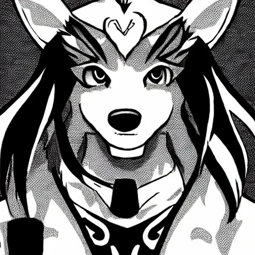 Image similar to close up of a male anthropomorphic fox furry with long hair, in the style of JoJo’s Bizarre Adventure, key manga ink line art