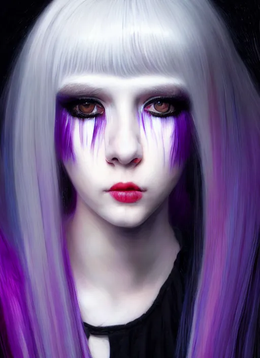 Image similar to hair whitebangs hair, black cyberlox, portrait of teenage girl with white bangs, whitebangsblackhair, messy bangs, cyberlox, whitebangs, red irises, purple clothes, intricate, elegant, glowing lights, highly detailed, digital painting, artstation, concept art, sharp focus, illustration, art by wlop, mars ravelo and greg rutkowski