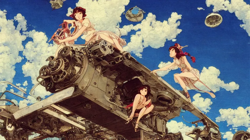 Prompt: a film still of a 1 9 5 0's mechanic anime girl sitting on top of flying ufo, intricate linework, sharp focus, finely detailed features, full body mid shot, perfect art, highly detailed faces,, painted by gaston bussiere, makoto shinkai, akihiko yoshida, gaston bussiere, craig mullins, studio ghibli