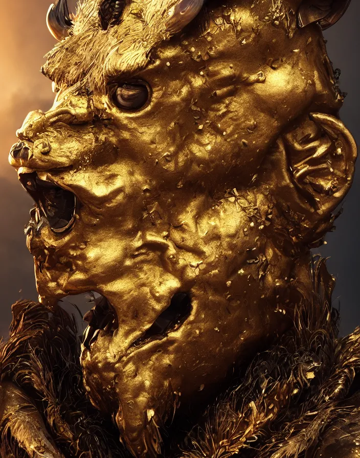 Image similar to Splatterpunk portrait of a golden minotaur mask in the style of greg rutkowski. halo. octane render, cinematic, hyper realism, octane render, 8k, depth of field, bokeh, fur, feathers, iridescent accents