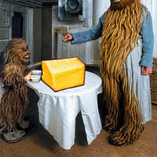 Image similar to dutch chewbacca wearing clogs and eating cheese