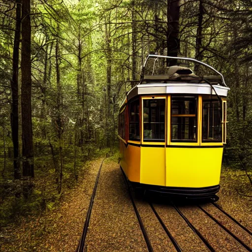 Prompt: Yellow oldschool Tram in a forest, 8k UHD, high quality, studio photo,