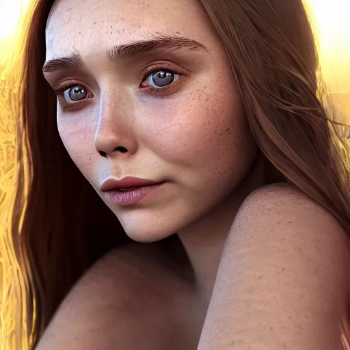 Image similar to nymph render of a very beautiful 3d elizabeth olsen, long hair, hazel eyes, cute freckles, full round face, short smile, cute sundress, golden hour, serene studio setting, medium shot, mid-shot, highly detailed, trending on Artstation, Unreal Engine 4k