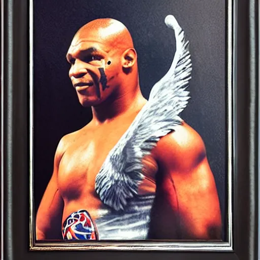 Image similar to mike tyson dressed as the angel of love, realistic portrait