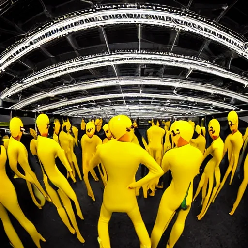 Image similar to love, diverse yellow cybersuits, from behind, connection rituals, wide wide angle, vivid, elaborate, highly detailed, beautiful lighting