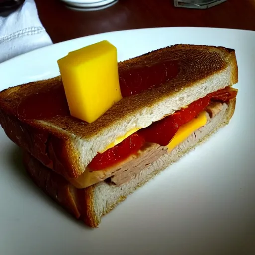 Prompt: sandwich with foie gras and honey and mango, amateur photo