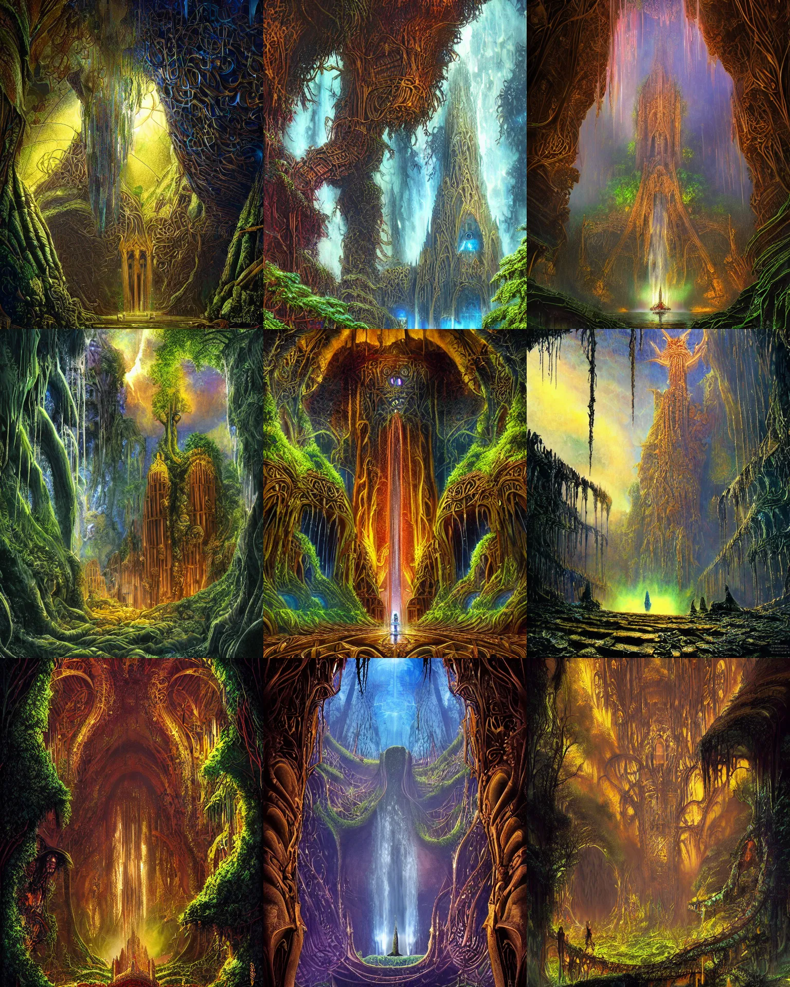 Prompt: gleaming bronze temple, cyber-futurist gothic architecture, style of Patrick Woodroffe, style of Paul Lehr, inside an enormous vast cave, huge trees, vines, waterfall, magical, sublime, realistic, dramatic, establishing shot, cinematic lighting, HDR, bold vivid colors